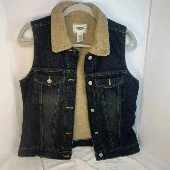 Vintage Old Navy Blue Jean Denim Sherpa Lined Vest M Medium Y2K 2000s bohocore - Picture 2 of 6